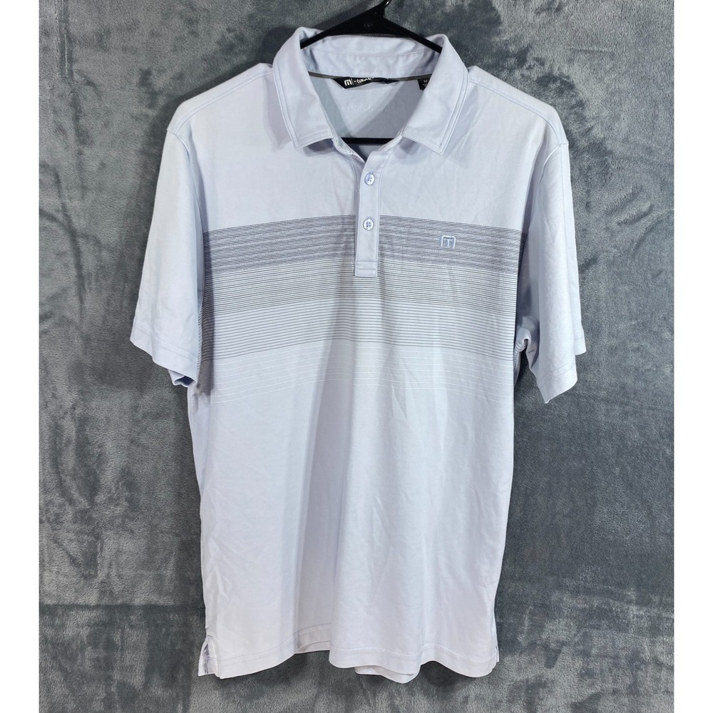 Travis Mathew Polo Shirt Mens Medium Blue Stripe Short Sleeve Golf Performance